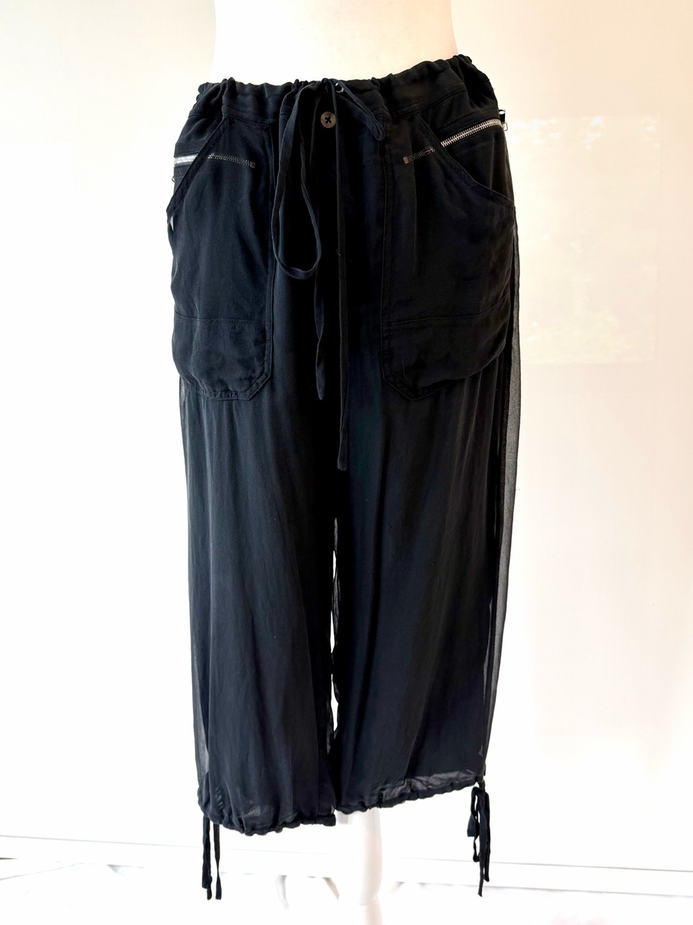 Robert Rodriguez Black Silk Two Layer Pants with zipper pockets & Drawstrings